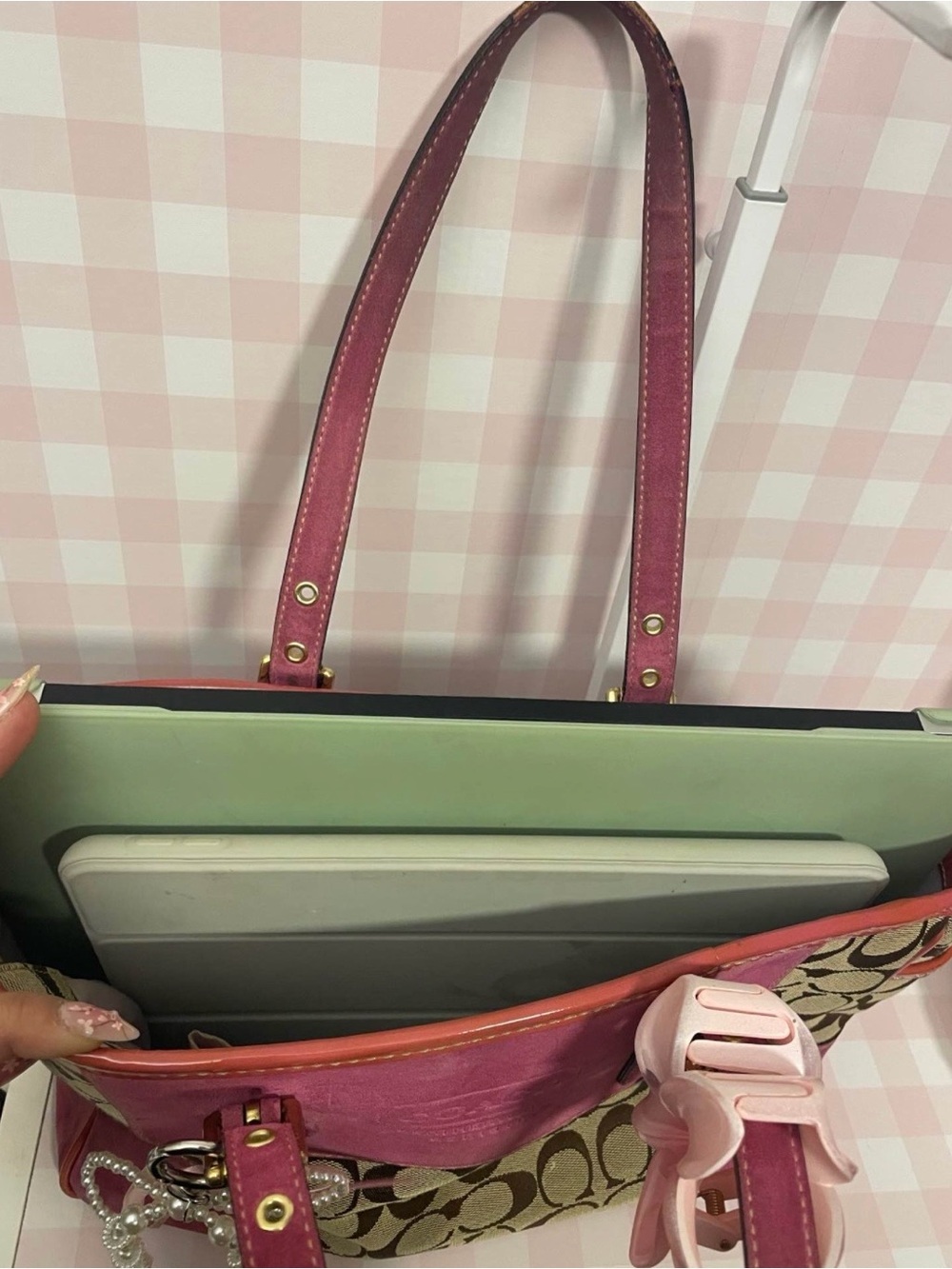 Vintage Coach Brown Signature Canvas Tote with Pink Leather Accents - Picture 10 of 10